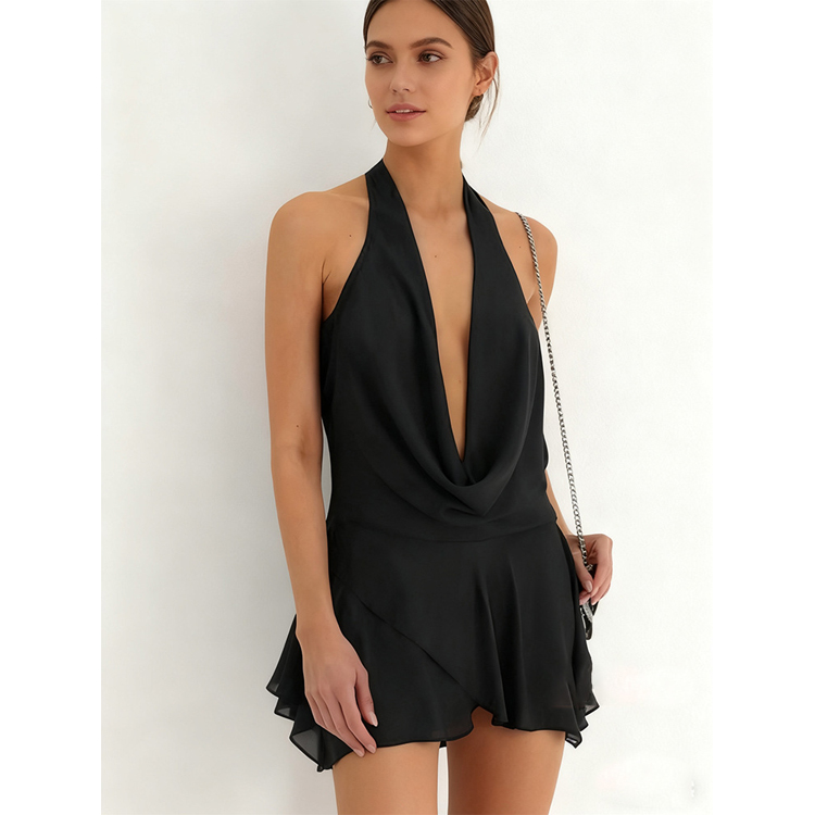 NO MOQ Custom Logo Dresses Wholesale Chiffon Halter Neck Dresses Sexy Deep V Low Neck Dresses