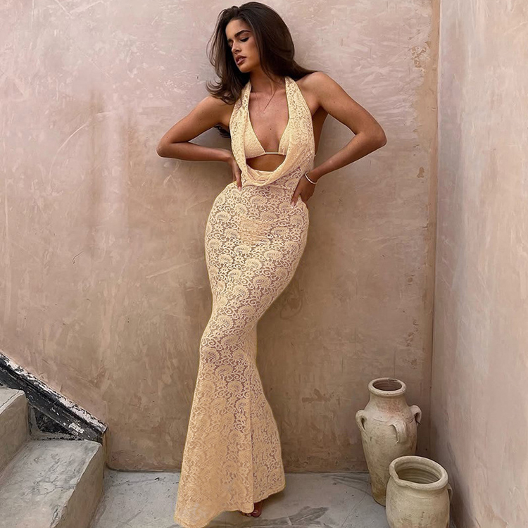 New Apricot Colored Dress Elegant Lace Tie Dresses Sexy Halter Neck Cutout Backless Fitted Dresses for Women