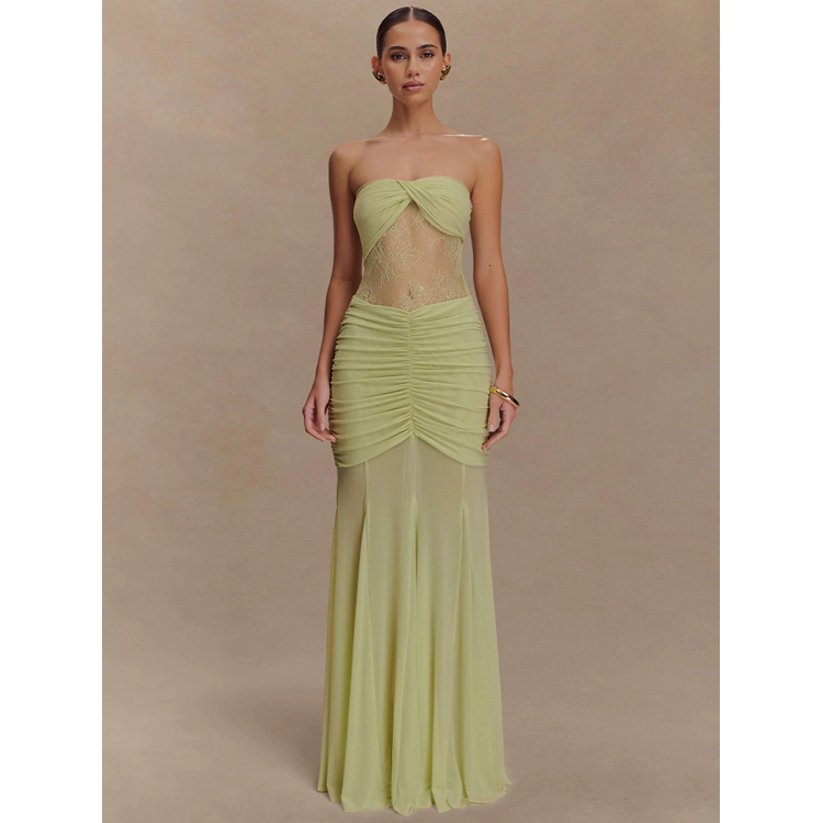 Summer Bestseller Strapless Maxi Dresses Sexy Lace up Pleated Slim Fit Dresses Solid Color Lace Dresses
