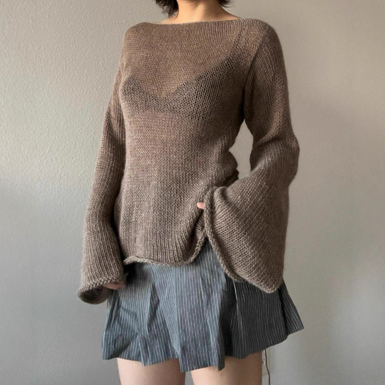 New Temperament Flared Sleeve Knitted Top Lace up Sexy Backless Sweater for Women