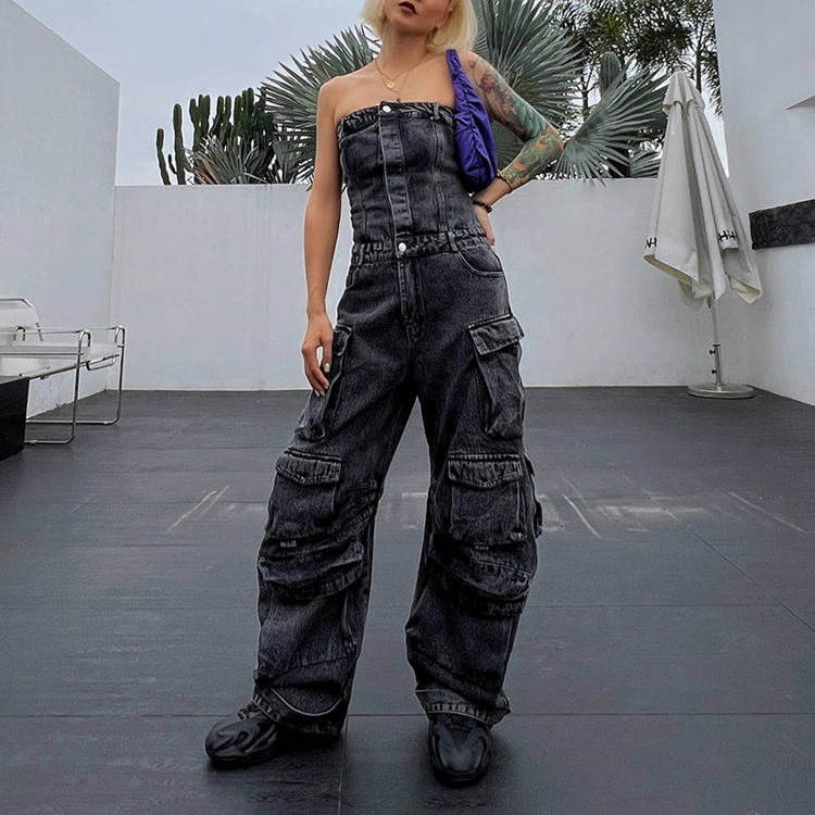 Fashion New Street Style Jumpsuit Tube Top Multi Pocket Denim Workwear Pants Jumpsuit Pants