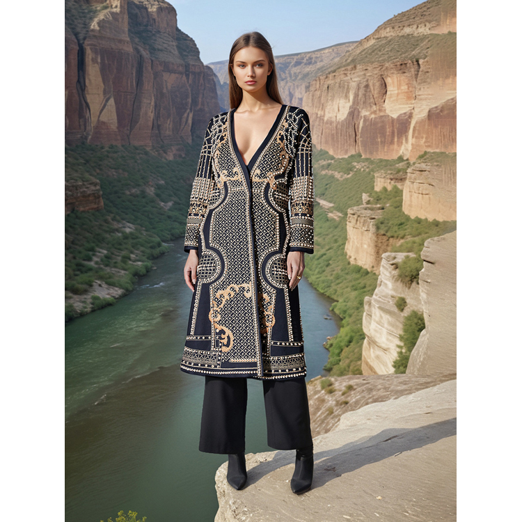 High End Loose Jacket Women V Neck Pearl Print Design Coat Pearl Heavy Jacket