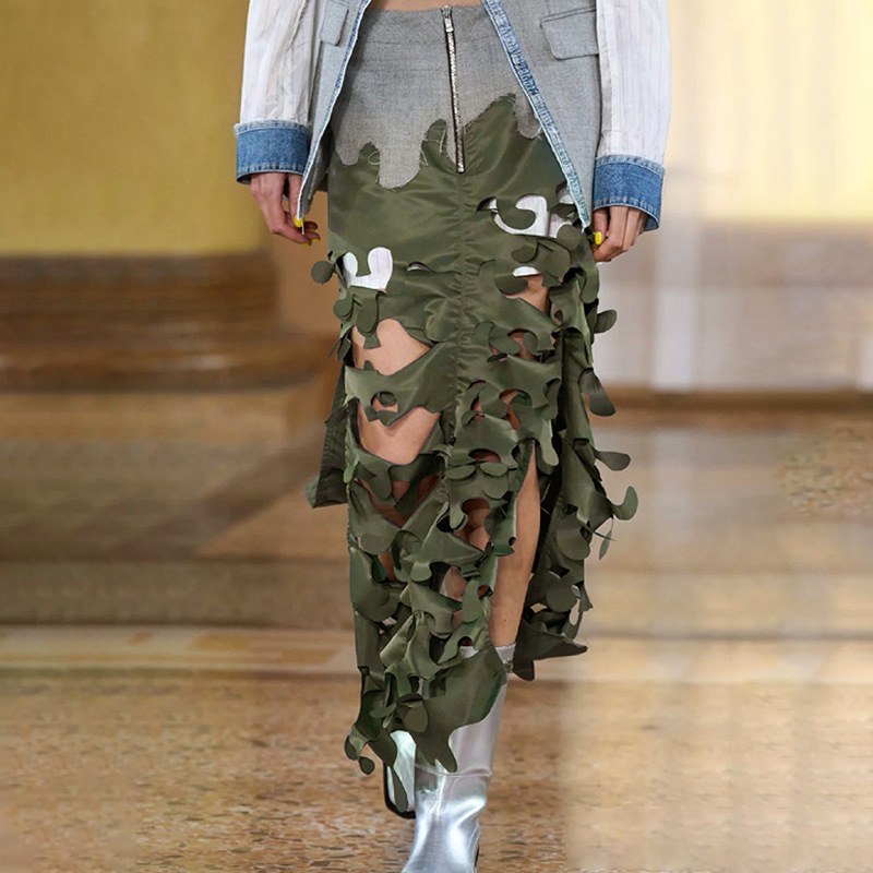 New Personalized Trend Skirt Army Green Irregular Skirt Camouflage Printed Skirt