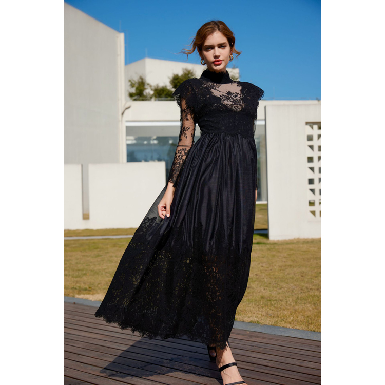 Customized Wholesale Long Sleeve Lace Dresses Black Elegant High Neck Design Dresses Sweet Temperament Party Dresses