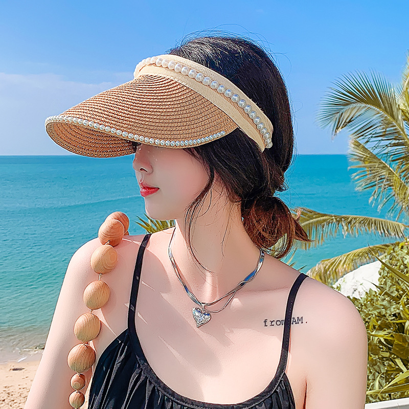 Women Beautiful Pearls Straw Hat Pretty Sun Shade Summer Visor Hat