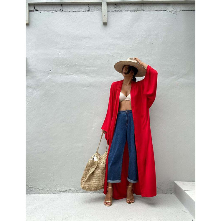 Women Plus Size Sunscreen Solid Color Rayon Cardigan Kimono Beach Resort Robe Cover up