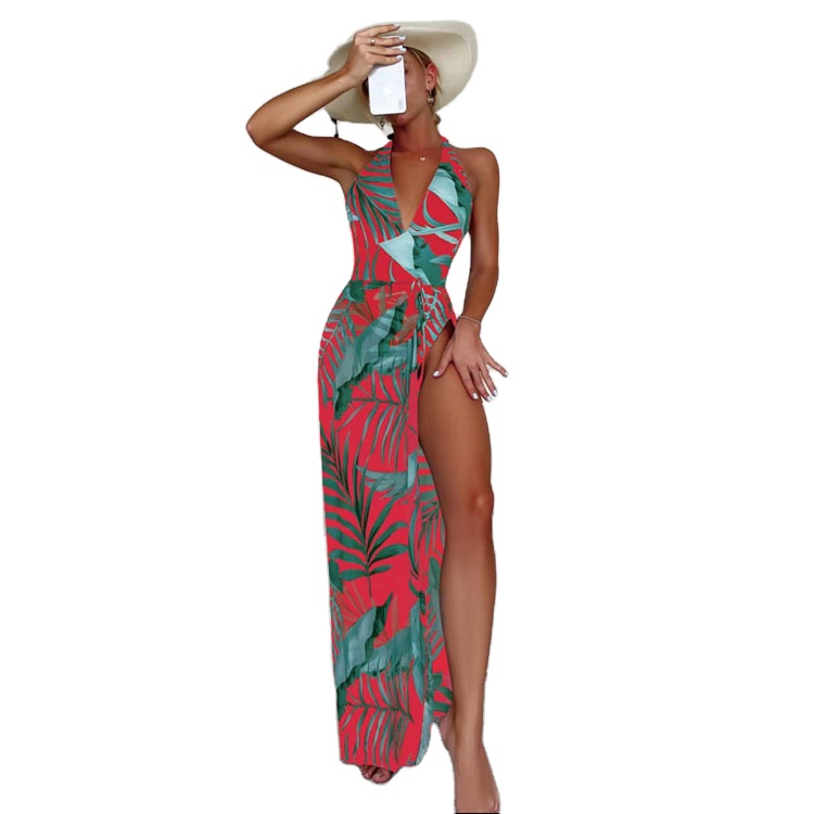 2023 New Arrival Elegant Beach Lady Botanical Print Two Pieces Bikini Women Swimsuit With Long Skirt