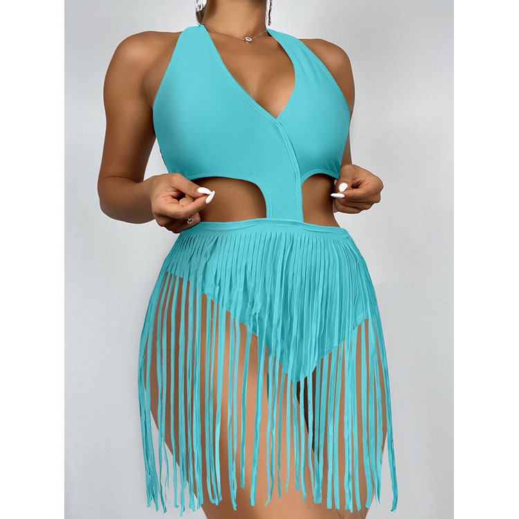 2022 New Solid Color One Piece Sexy Tassel Waist Halter Fringe Women Swimsuit
