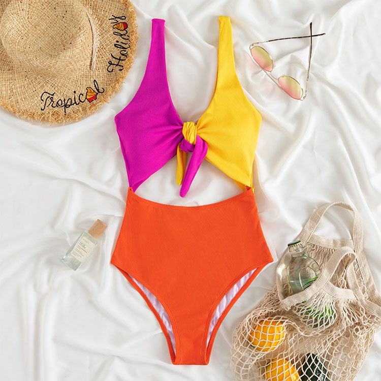 New Stitching Solid Color Hollow High Waist Triangle One Piece Beach Swimsuit