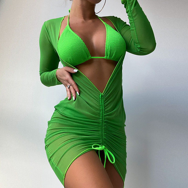 New Ladies Sexy Long Sleeve Aesthetic Solid Color Bikini Three Pieces Swimwear