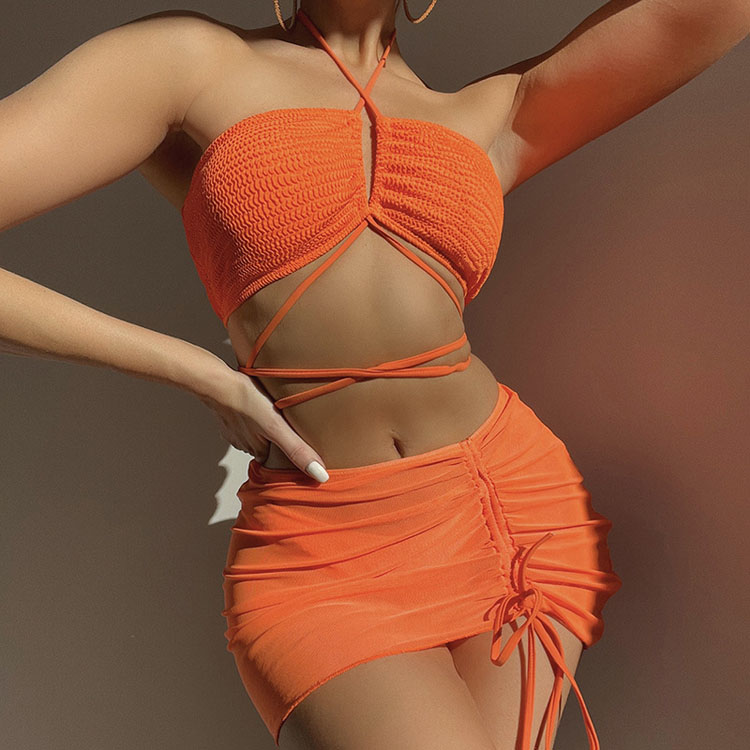 Ladies Solid Color Sexy Halter Neck Bikini Three Pieces Swimwear