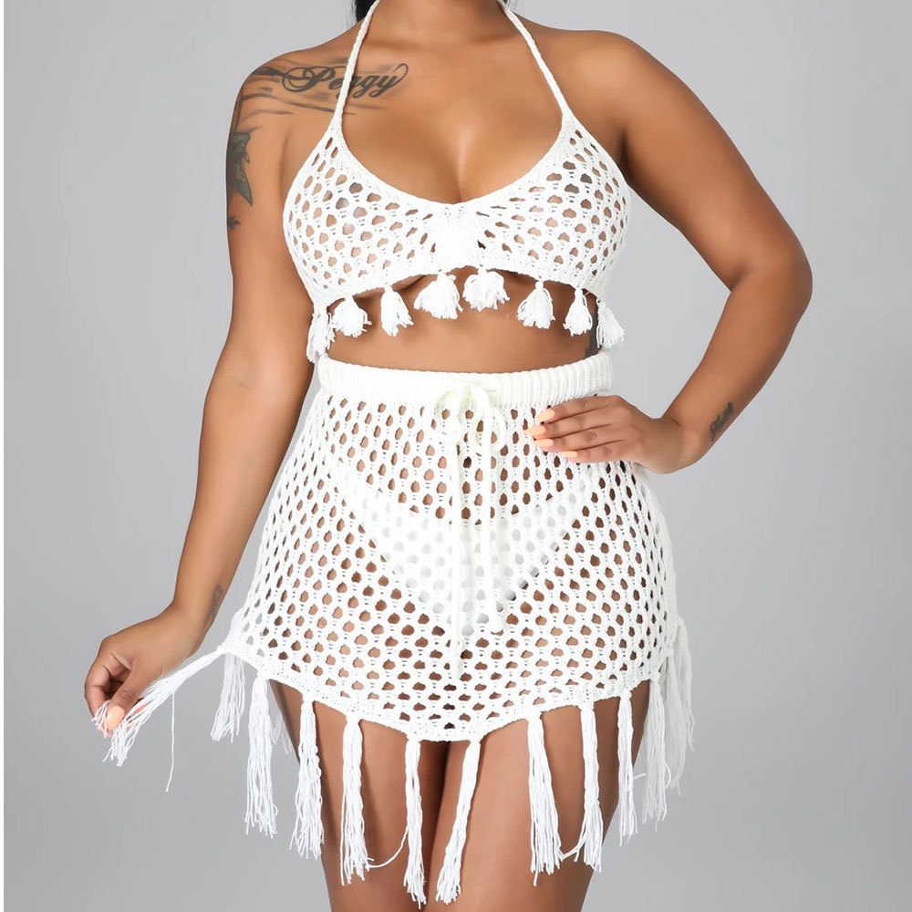 Solid Color Loose Two Pieces Net Fringe Bikini Crochet Cover up