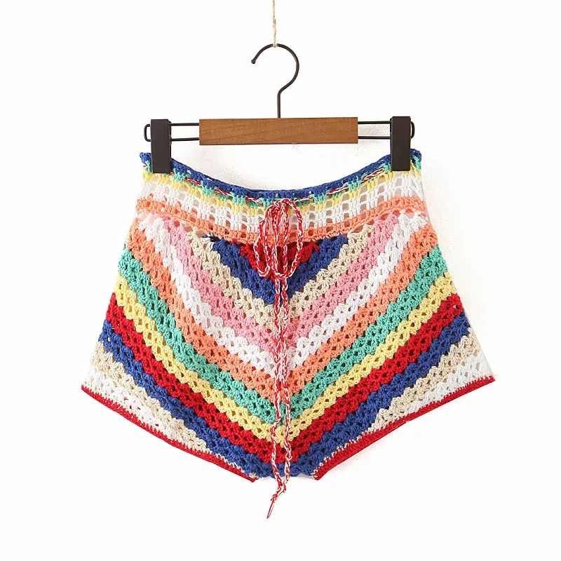 Crochet Shorts Colorful Stripes Lace up Women Pants