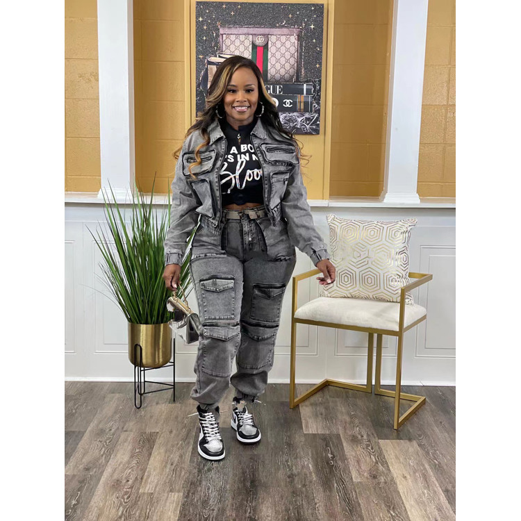 New Fashionable Denim Suit Sexy High Elasticity and Multiple Pockets Washed Denim Suit Casual Denim Set