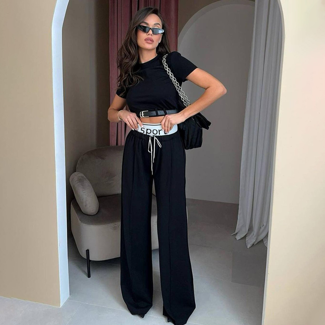 New Fashion Short Suit Short Sleeved T-shirt Suit High Waist Straight Suit Loose Pants Set