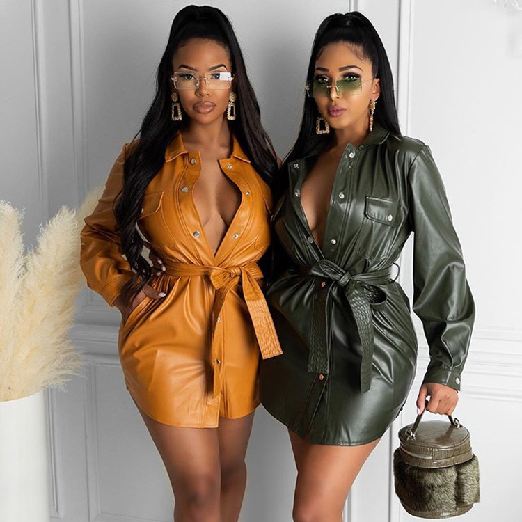 Hot Sale Long Sleeve Dress PU Leather Dress Sexy Women Dresses