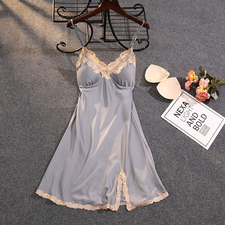 Thin Sexy Suspender Ice Silk Nightdress Silk Lace Nightgown Split Chest Cushion House Wear