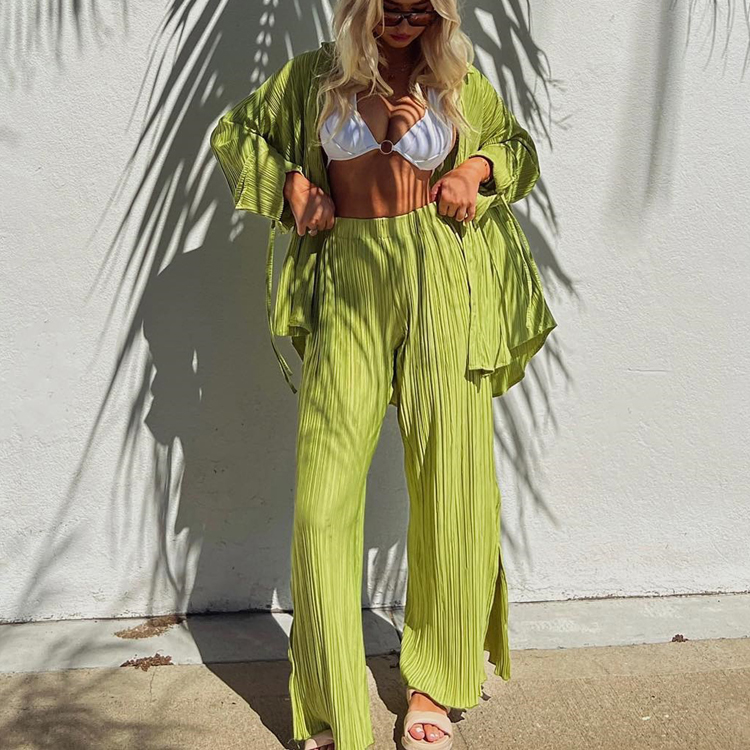 New Solid Color Pajama Suit Pleated Shirt Long Sleeve Lapel Cardigan Split Two Piece Pajamas
