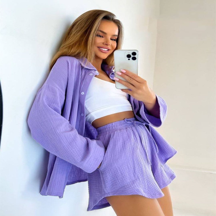 New Solid Color Casual Suit Long Sleeved Commuter Shirt Shorts Set for Women