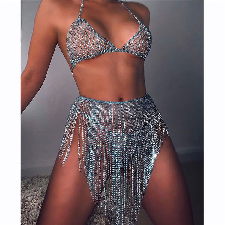 Manufacturer Hot Selling Blue Crystal Sexy Body Chain Suit Nightclub Bra Short Skirt Body Jewelry
