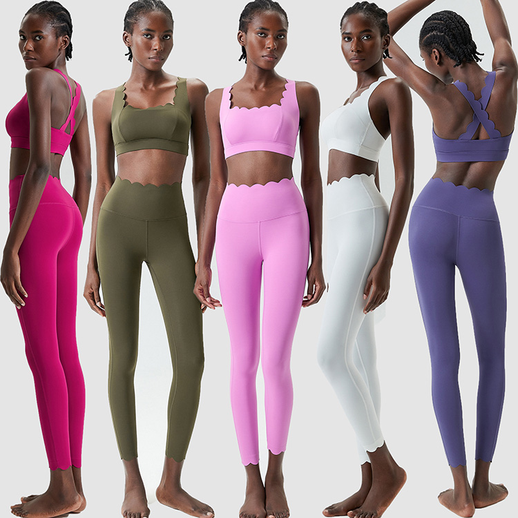 Custom Nude Feeling Activewear Four-way Stretch Yoga Sets Wavy Edge Elegant Women 2 Piece Fitness Yoga Set