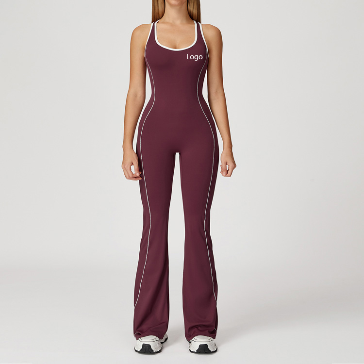 Nude Feel Hollow Out Backless Sports Bodysuit Contrast Color Hip Lift Flared Pants One Piece Yoga Jumpsuit