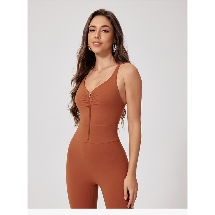 Brushed Nude Feel Quick Drying Running Fitness Wear Tight Fit Sports Bodysuit Zipper Yoga Jumpsuit