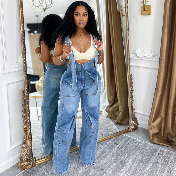 New Denim Overalls Street Casual Zipper Washed Denim Overalls