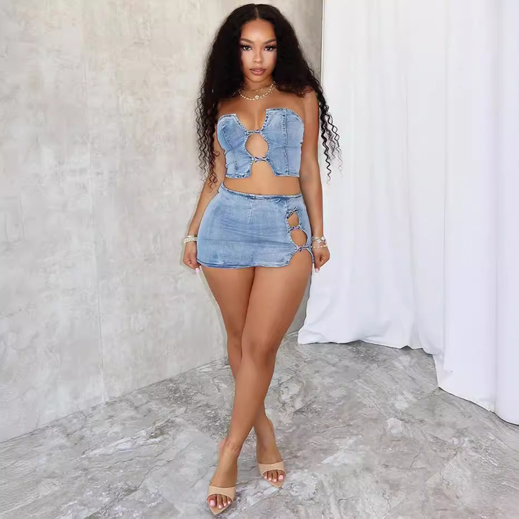 Summer New Fashionable Cowboy Set Sexy Tether Tube Top Split Hip Wrapping Short Skirt
