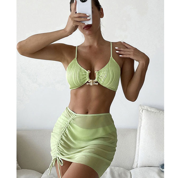 Swimsuit Three Piece High Waist Split Solid Color Bikini Swimsuit Cover up Dress