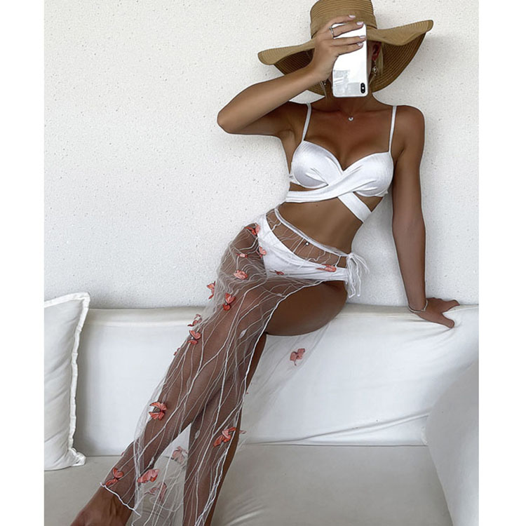 Three Piece Swimsuit Solid Color Sexy String Bikini With Mesh Dress Cover up for Girls