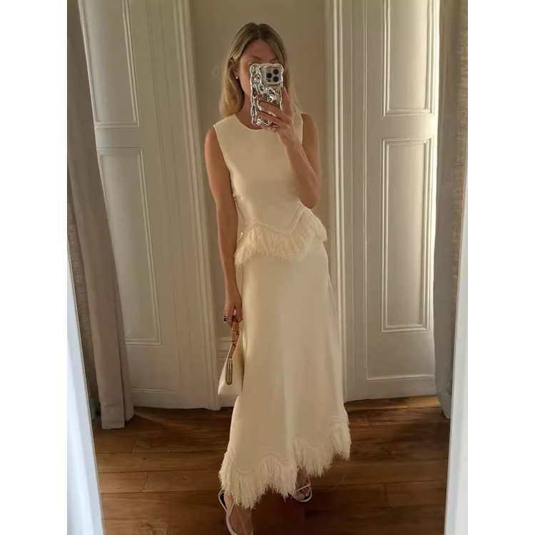 Elegant Christmas Two Piece Set Women White Fringe Lace Party Wear Socialite Style Set for Holiday Events