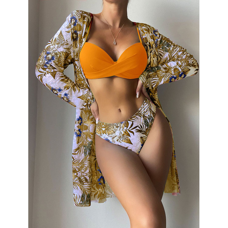 2022 Hot Sale High Waist Tie Dye Printed Three Piece Long Sleeve Cover up Bikini Swimwear