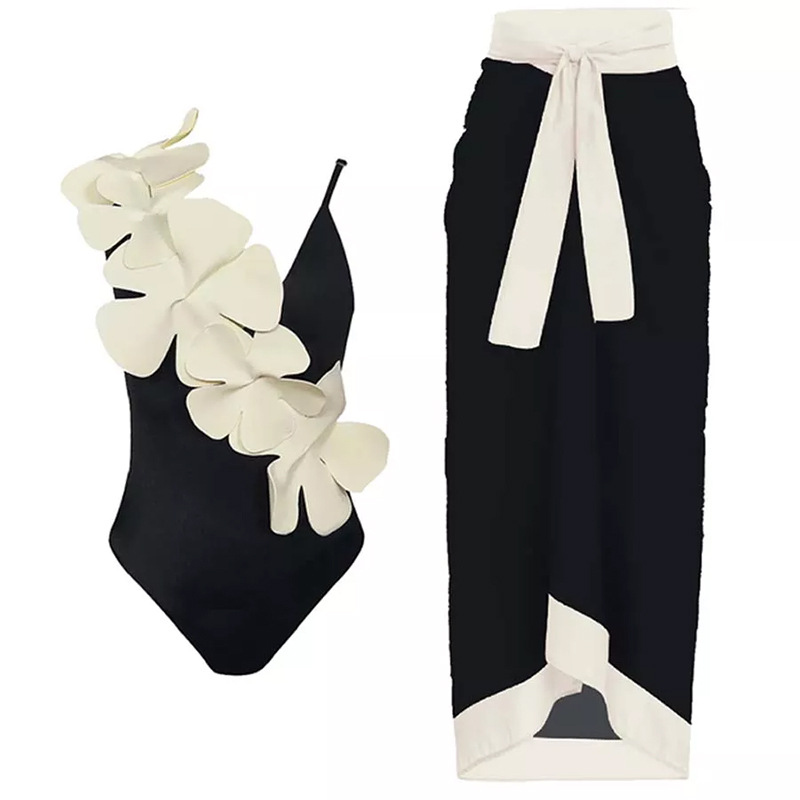 2023 New Arrival Retro V Neck Lady Beachwear 3D Flower One Piece Backless Swimsuit