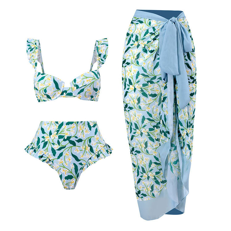2023 New Sexy Lace up V Neck One Piece Floral Printed Bikini Lady Swimsuit With Chiffon Long Skirt