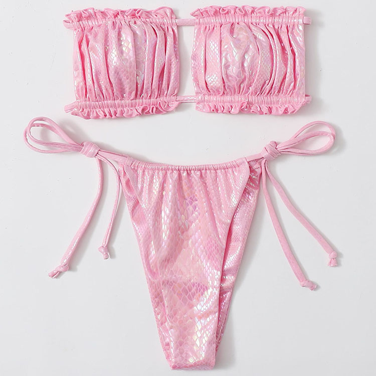 2023 New Cute Ruffled Off Shoulder Bandeau Jewelry Two Pieces Pink Metallic Bikini Women Swimwear