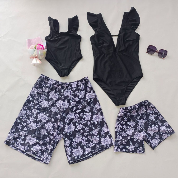 New Beach Vacation Cute Solid Color One Piece Swimsuit Printed Beach Trunks Family Swimsuit Swimwear
