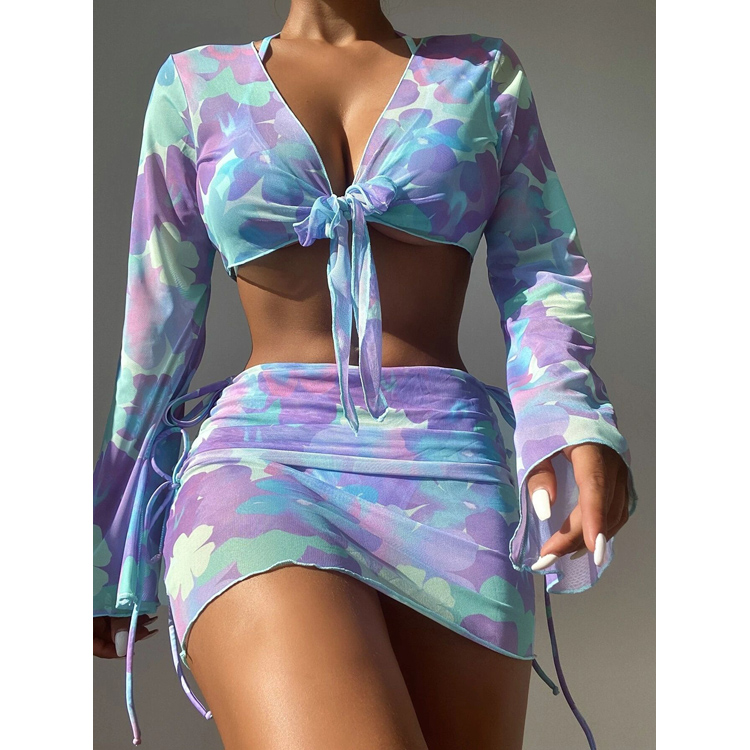 2022 Hot Sexy Mesh Long Sleeve Halter Gradient Color Four Pieces Bikini Women Swimsuit Swimwear