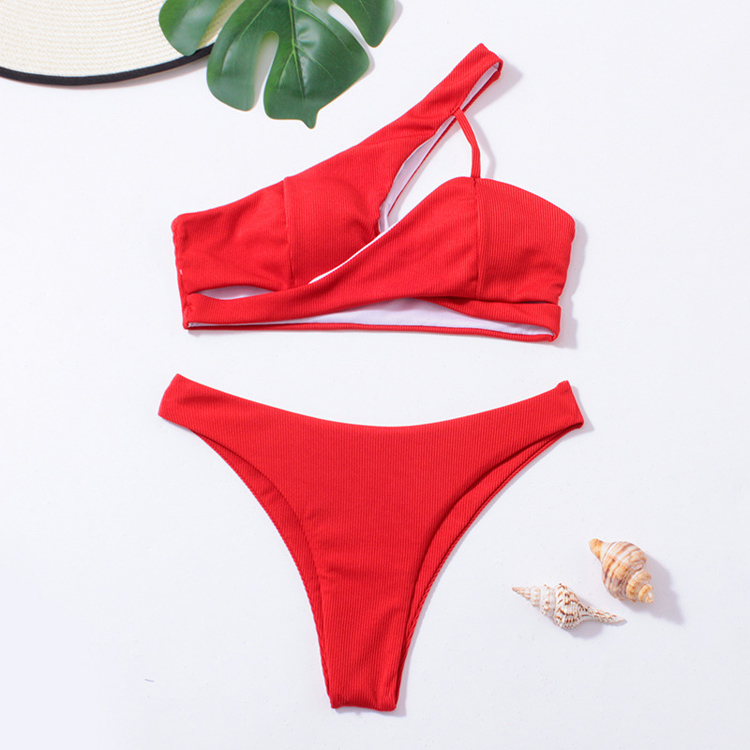 2023 New Sexy Hollow One Shoulder High Waist Solid Color Two Pieces Bikini Women Swimsuit Swimwear