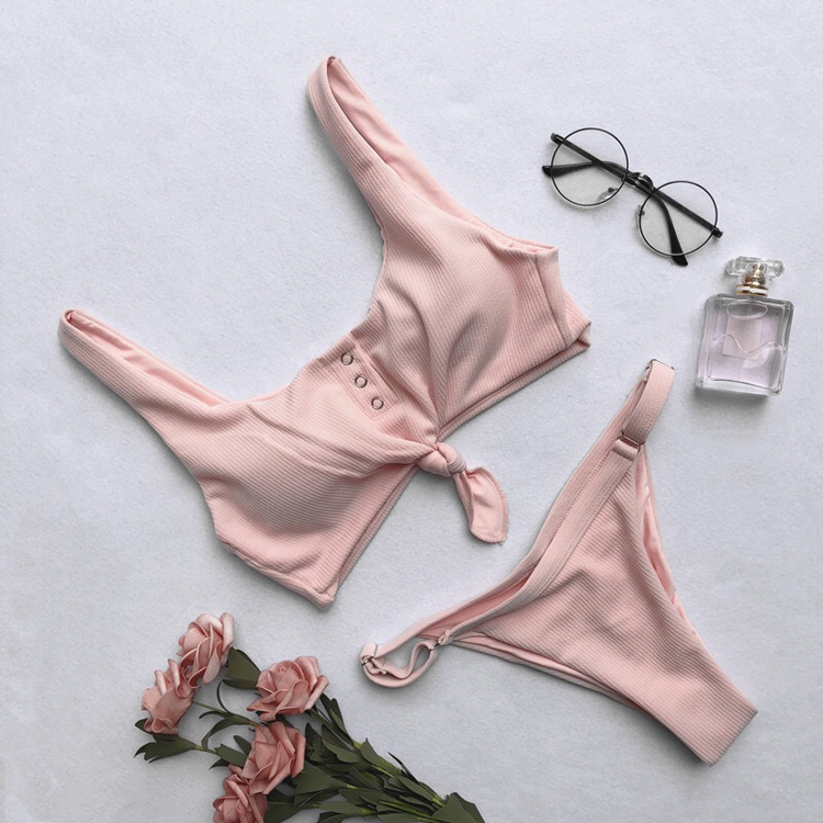 2023 Conservative Cute Striped Straps Solid Color Two Pieces Bikini Women Swimsuit Swimwear