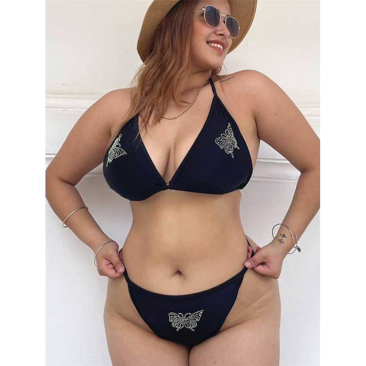 Sexy and Charming Crystal Straps Swimsuit Solid Color Plus Size Two Pieces Bikini Women Swimsuit Swimwear