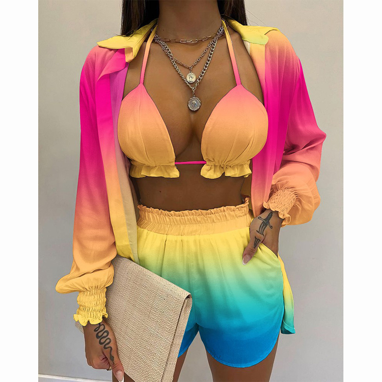 New Summer Sexy Bikini Set Colorful Long Sleeve Sun Shield Three Piece Women Swimwear
