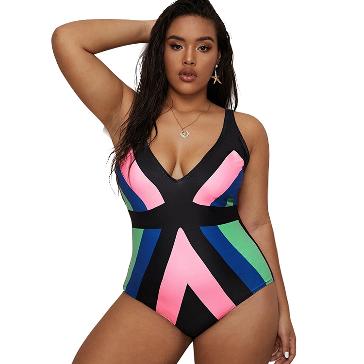 Hot Selling Colorblock One Piece Swimsuit Plus Size High Waist Bikini Swimwear
