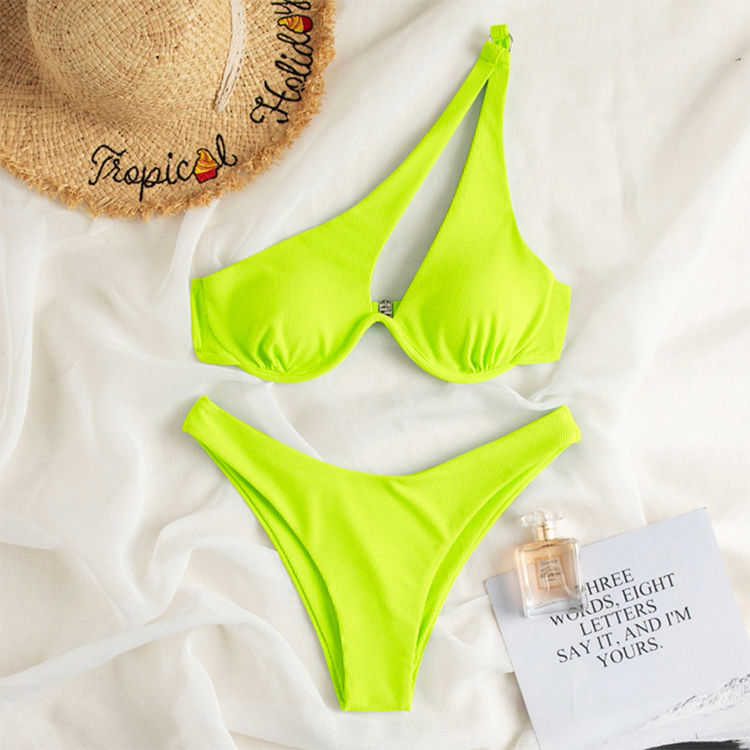 Multicolor Optional Sexy Triangle Ladies Two Piece Swimsuit Solid Color One Shoulder Underwire Bikini Wholesale