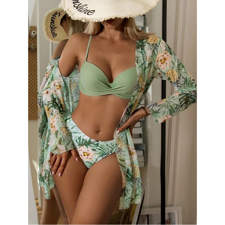 Leaf Flower Print 3 Piece Bikini Set Swimsuit With Cover Ups Tonal Collection Beach Wear Women Swimwear