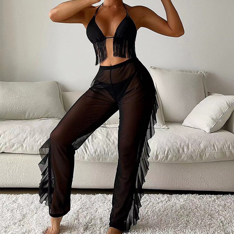 Black Bandage Fringed Backless Sexy Bikini Mesh Trousers Sun protection 3 Piece Swimwear Set