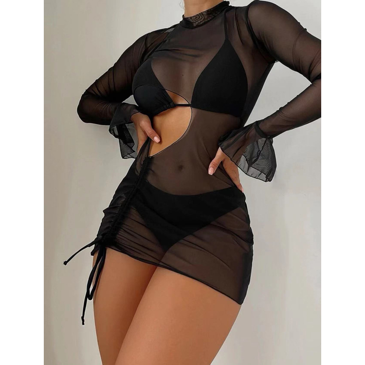 Black Cutout 3 Piece Bikini Set Swimsuit With Cover Ups Mesh Sunscreen Women Sexy Bikini