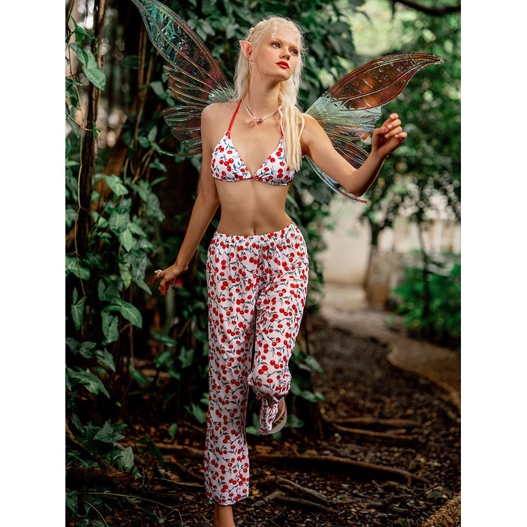 Cherry Printed Trousers Bikini Three Piece Set Lace up Backless Women Sex Bikini