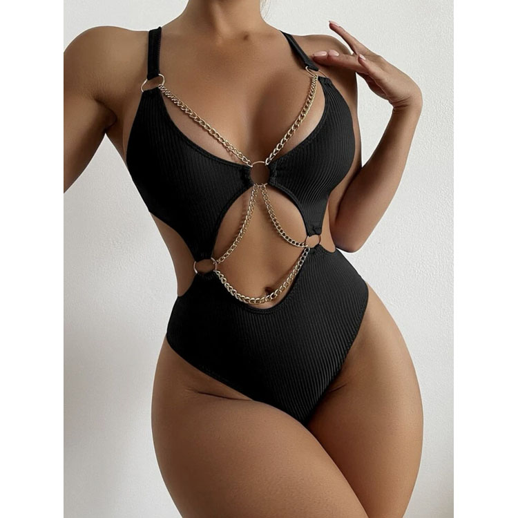 Black Hollow One Piece Swimsuit Bikini Chain Decoration Hotties Bikini Swimsuits