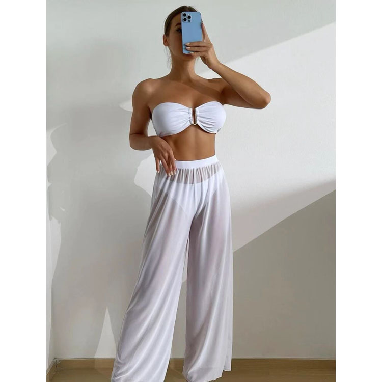 New Solid Color Bra Three Piece Set Mesh Trousers Women Sex Bikini